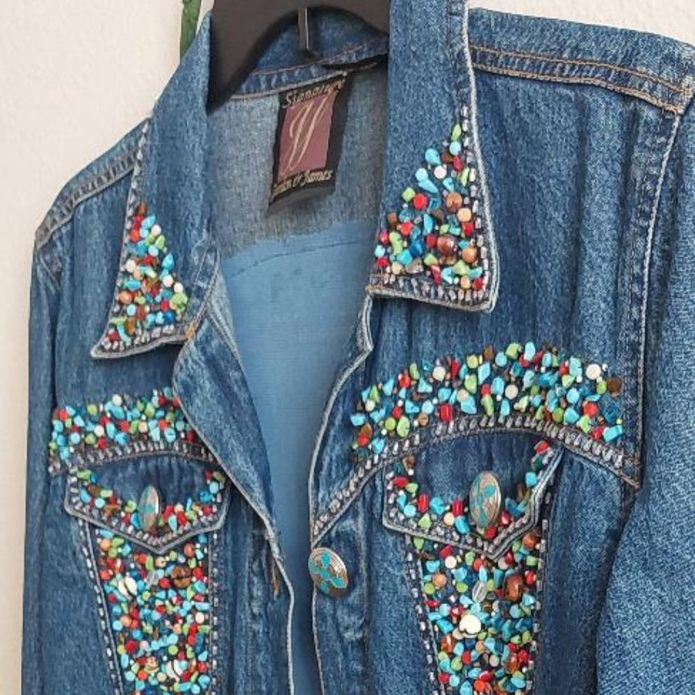 Vintage Signature Gordon & James Jeweled~Beaded Large Denim Jacket